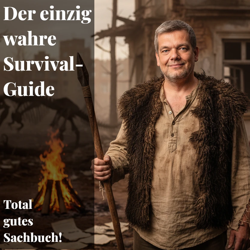 lustige Grafik von Tobias Hecht in Endzeitkulisse mit Speer und seinem Sachbuch Survival-Guide